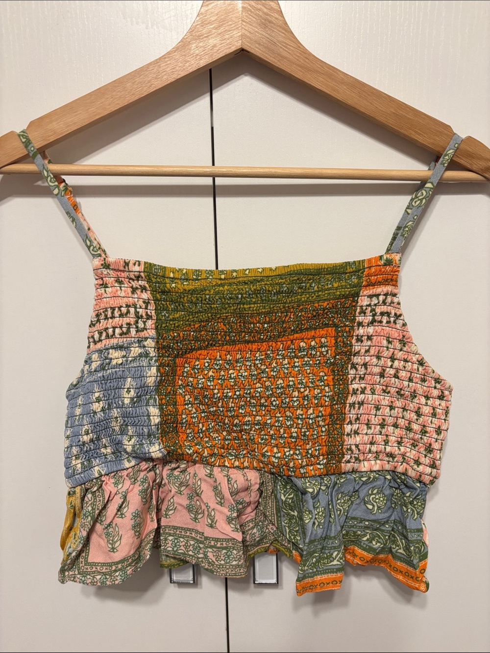 Smocked Patchwork Print Crop Tank Top - M